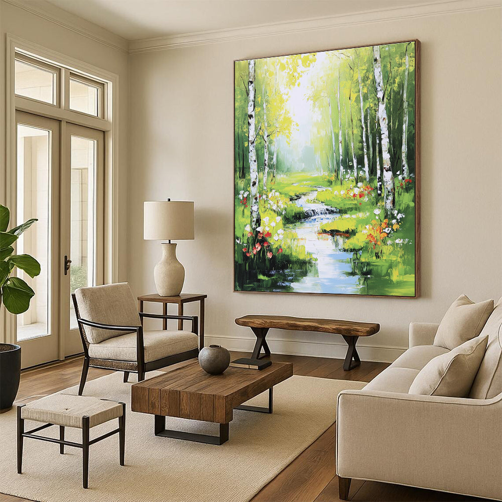 Enchanted Forest Stream Abstract Painting with Lush Greens GAB0013