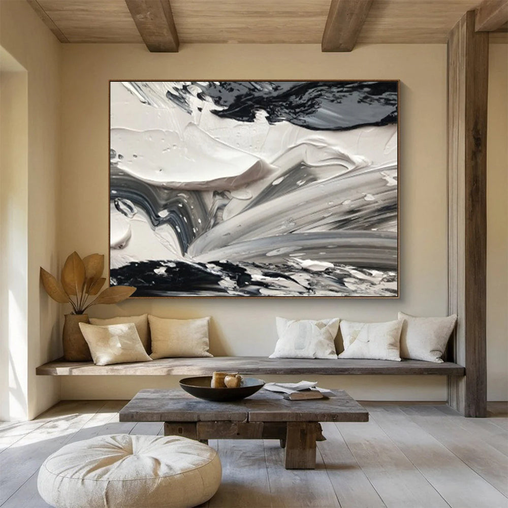 Black and White Abstract Textures Painting for Modern Monochrome Spaces YHT314