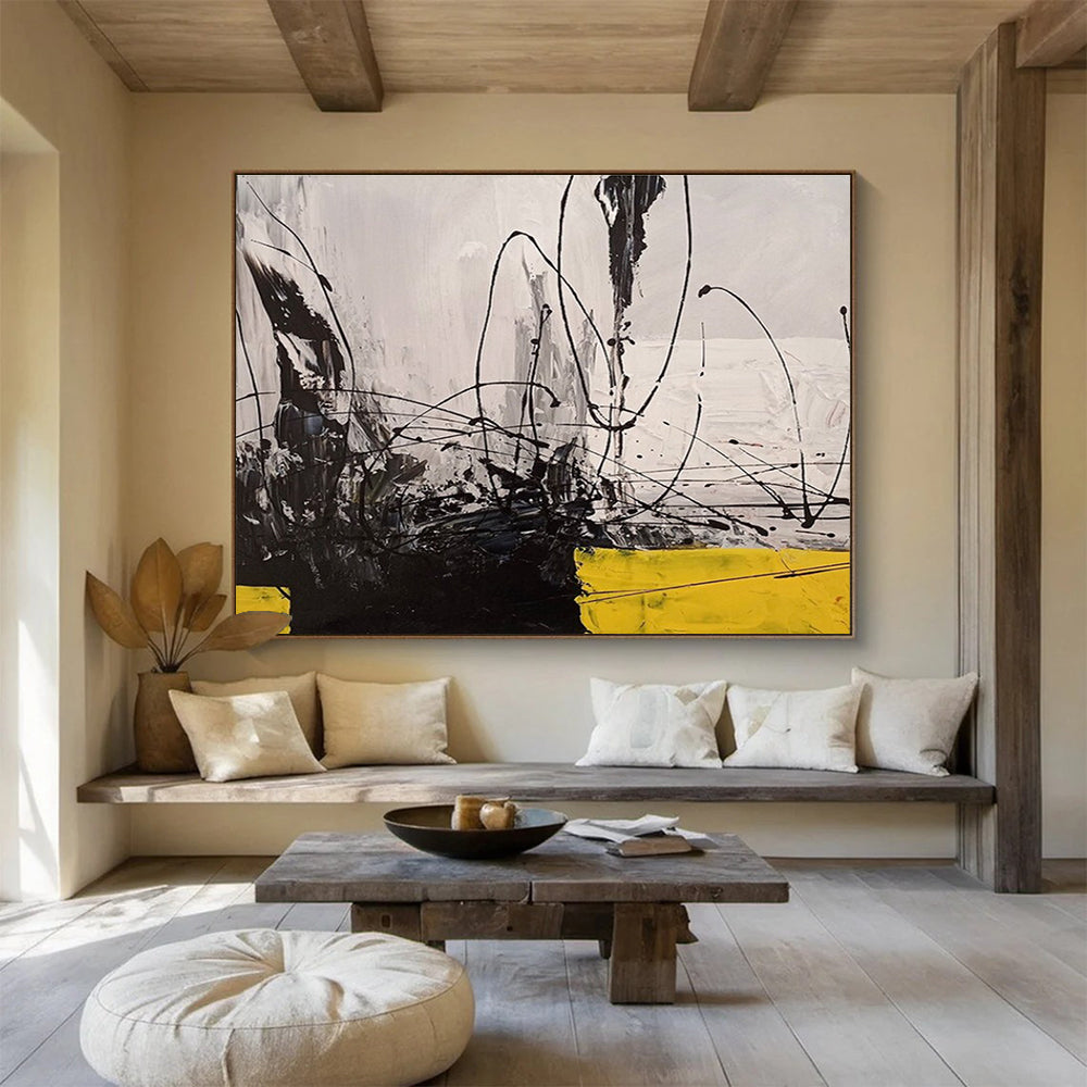Black - White - Yellow Abstract Painting for Dramatic Spaces YHT008