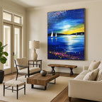Starry Night Seaside Abstract Painting for Coastal - Themed Living Rooms GAB1015