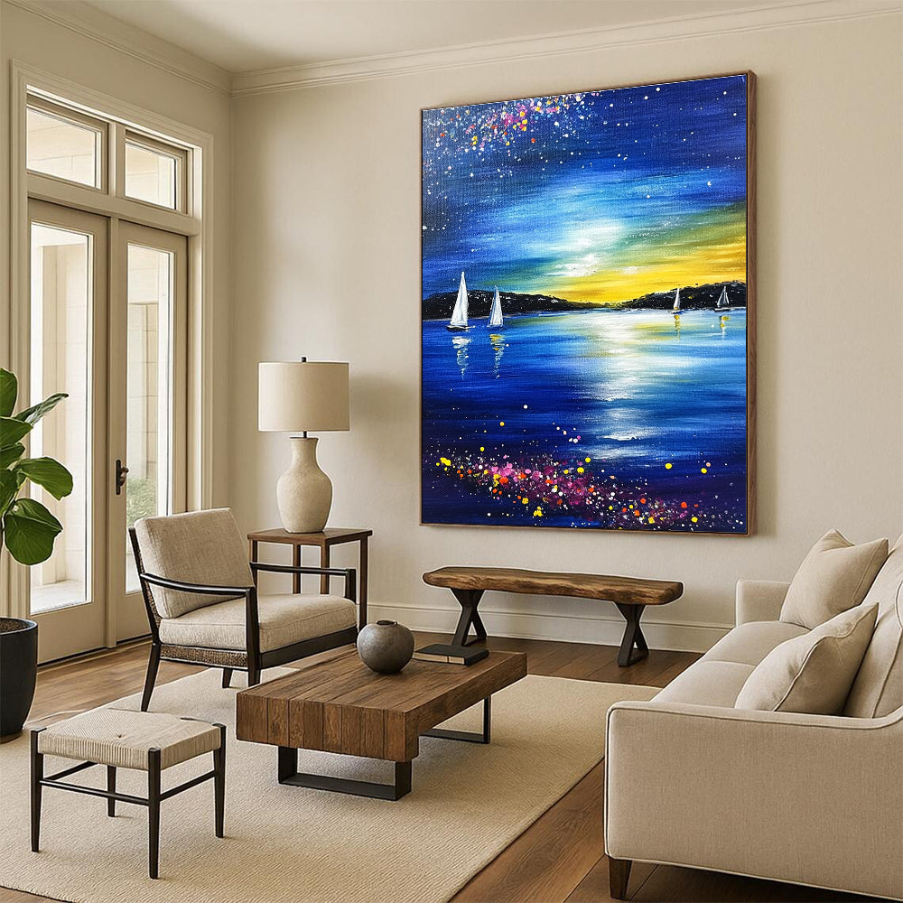 Starry Night Seaside Abstract Painting for Coastal - Themed Living Rooms GAB1015