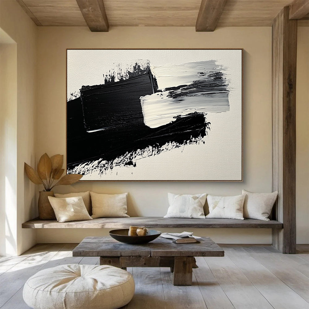 Black and White Textured Strokes Abstract Painting with Bold Minimalism ABS572