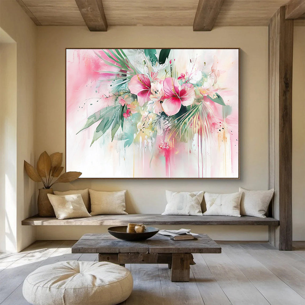 Pink Floral Watercolor Abstract Painting with Lively, Dripping Blooms ABS449