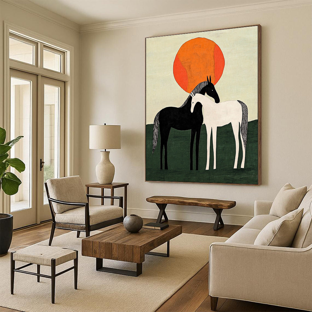 Two Horses Under Orange Sun Abstract Painting for Rustic Home Decor GAB1371