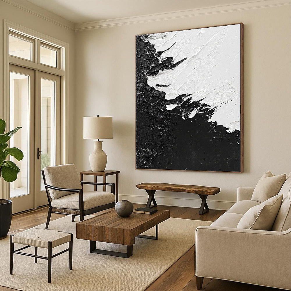 Textured Black and White Abstract Painting with Tactile Surfaces WINK825