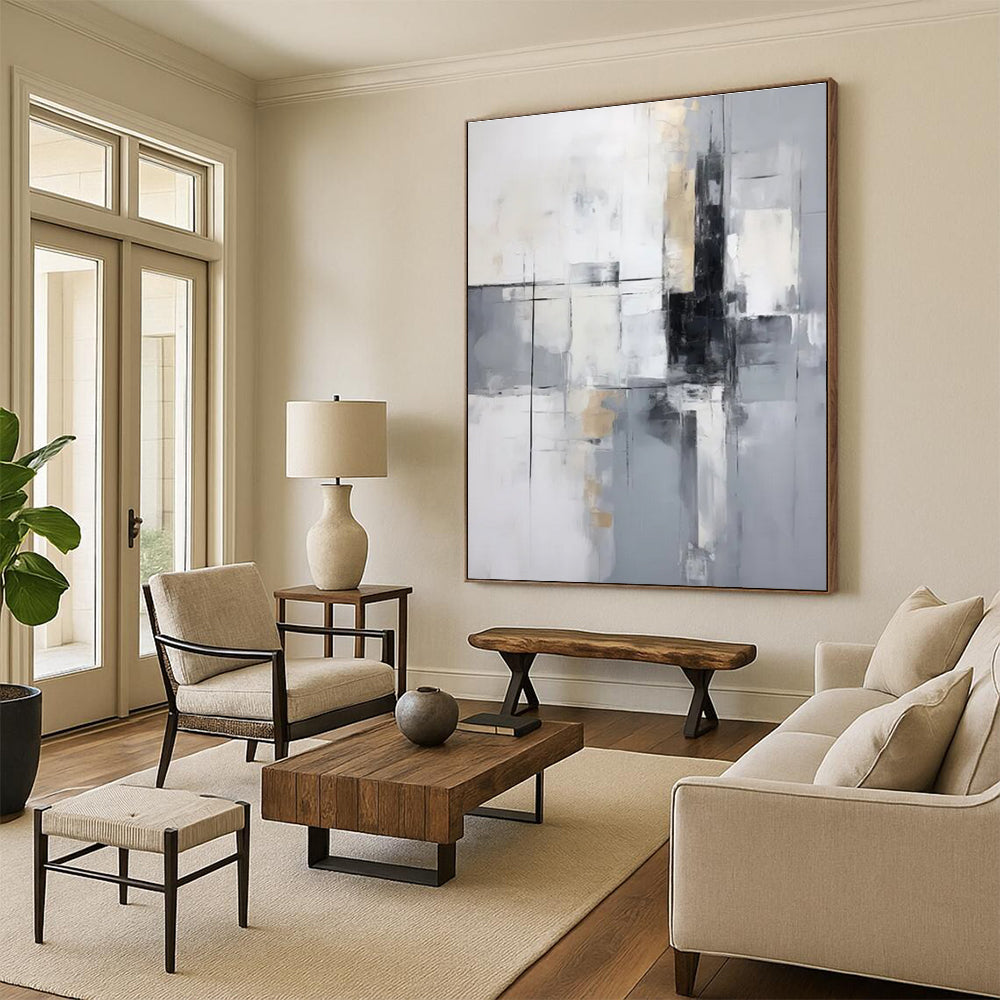 Gray - Gold - White Abstract Painting for Modern Corporate Receptions HENG138