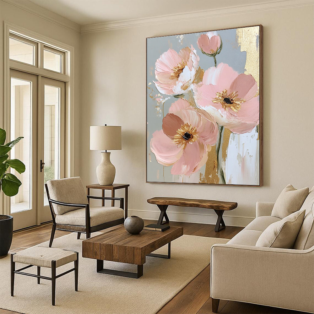 Pink Flowers with Gold Accents Elegant Abstract Painting for Sophisticated Interiors GAB1421