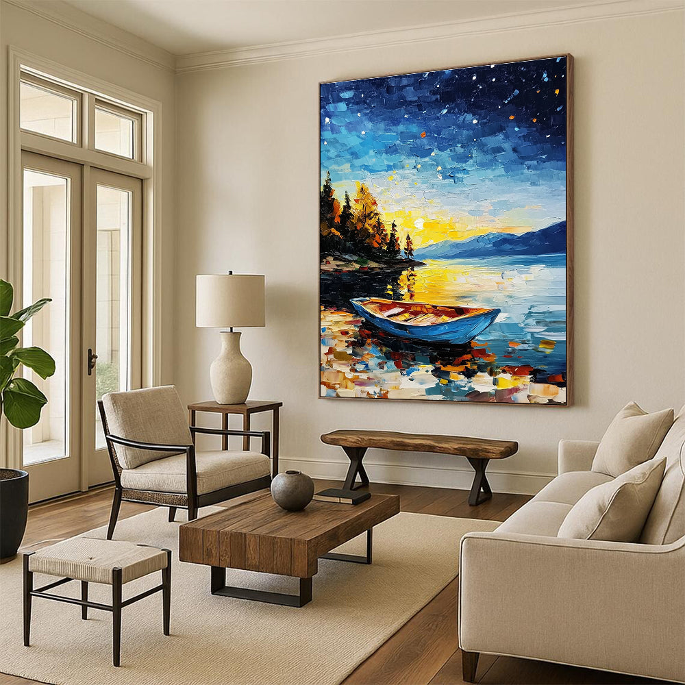 Colorful Lake at Night Abstract Painting for Nautical - Themed Living Rooms GAB1293