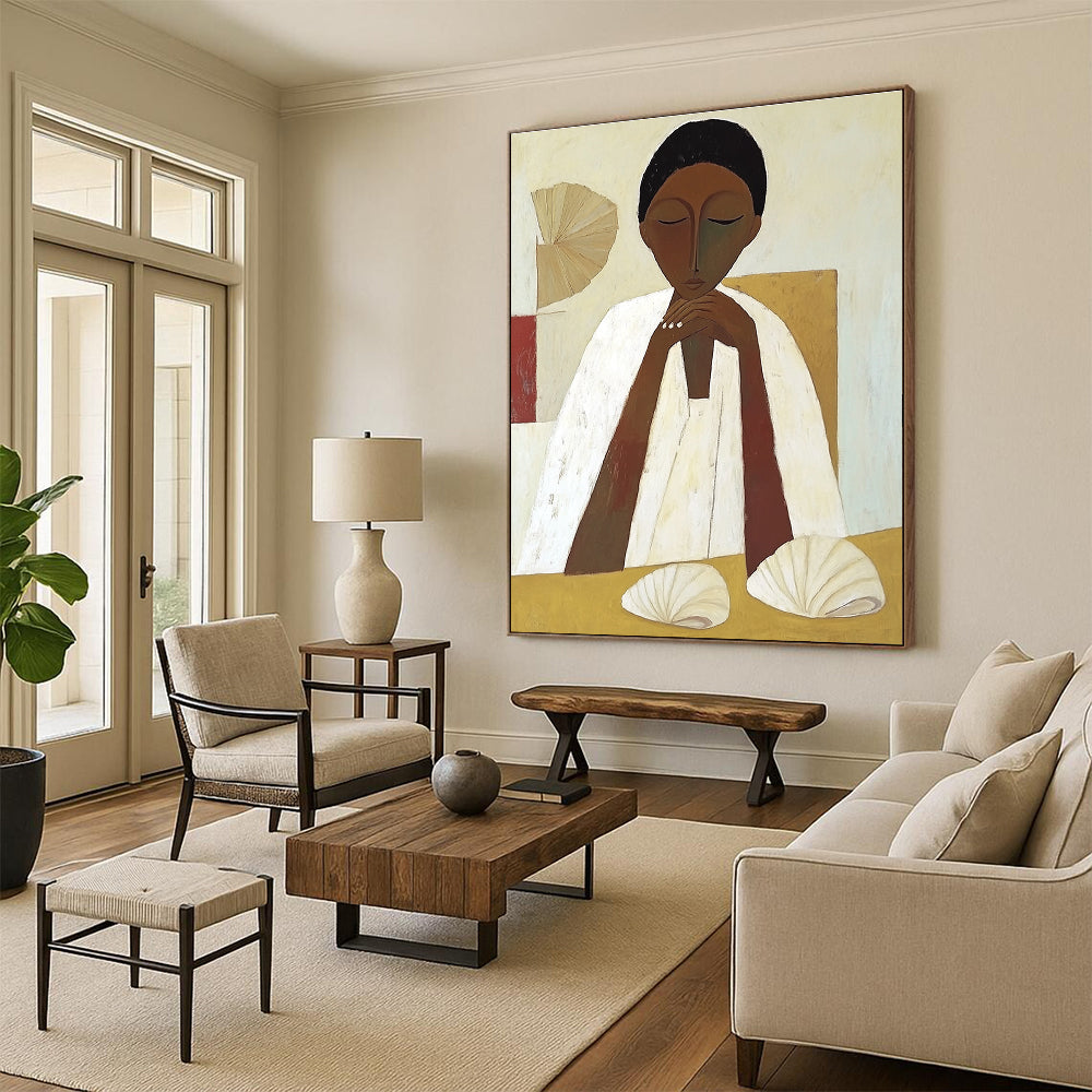 Serene Figure with Shells Cultural Narrative Abstract Painting GAB0269