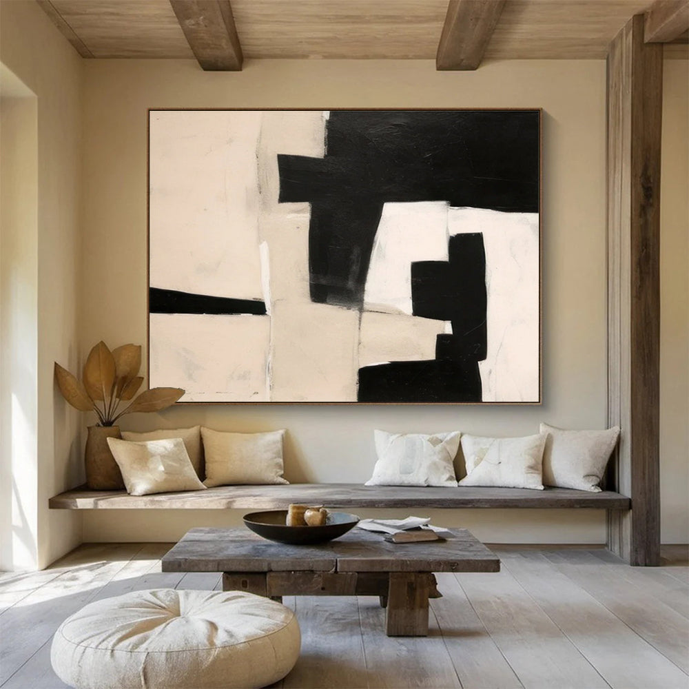 Black - White Geometric Abstract Painting for Modern Minimalist Spaces YHT070