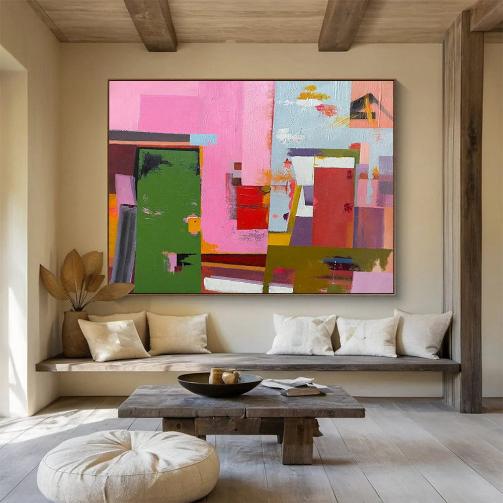 Pink - Toned Abstract City Painting for Modern Spaces YHT013