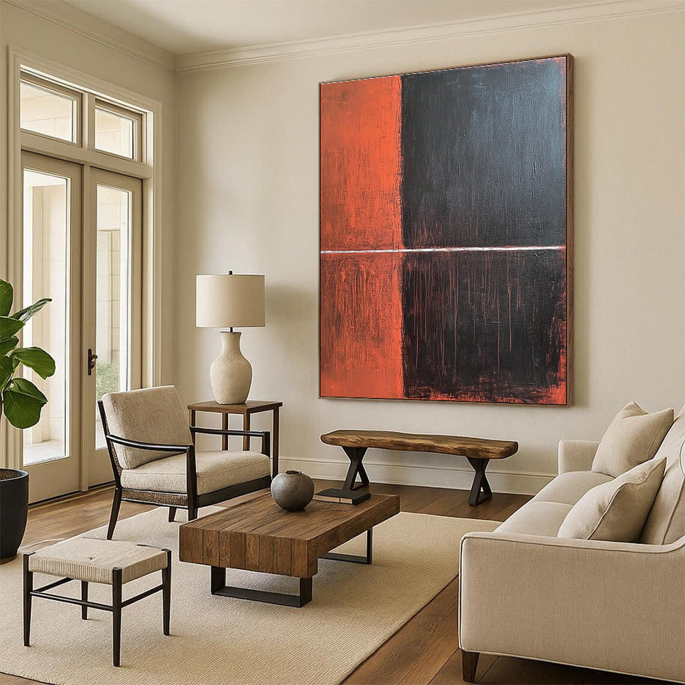 Orange and Black with White Line Abstract Painting with Bold Contrast WINK035