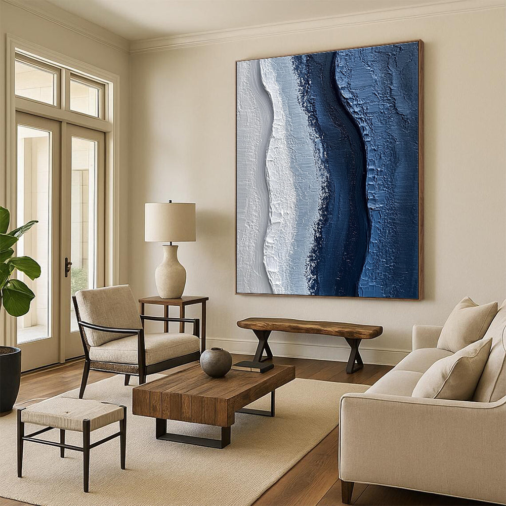 Blue and White Textured Waves Abstract Painting of Oceanic Calm GAB0093