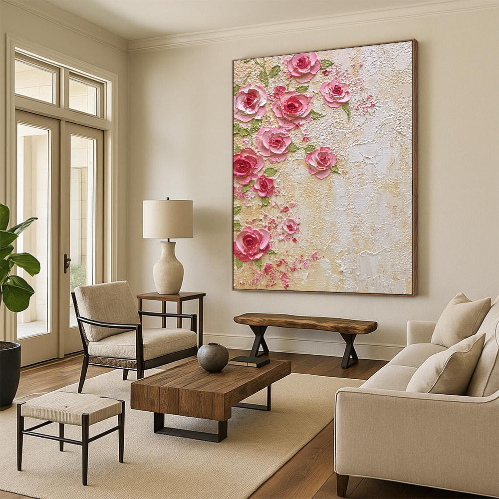Pink Roses on Textured Wall Abstract Painting with 3D Effect GAB0051