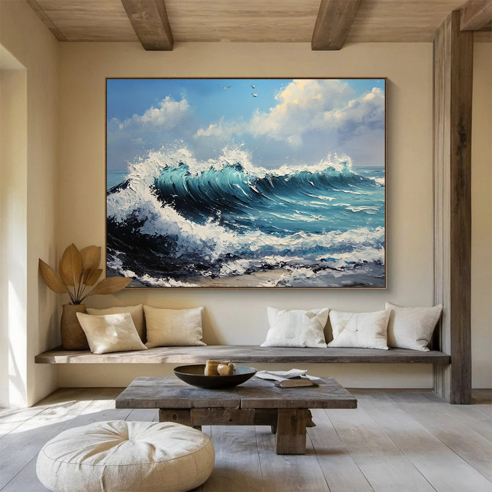 Crashing Waves and Birds Abstract Painting with Ocean Energy ABS599