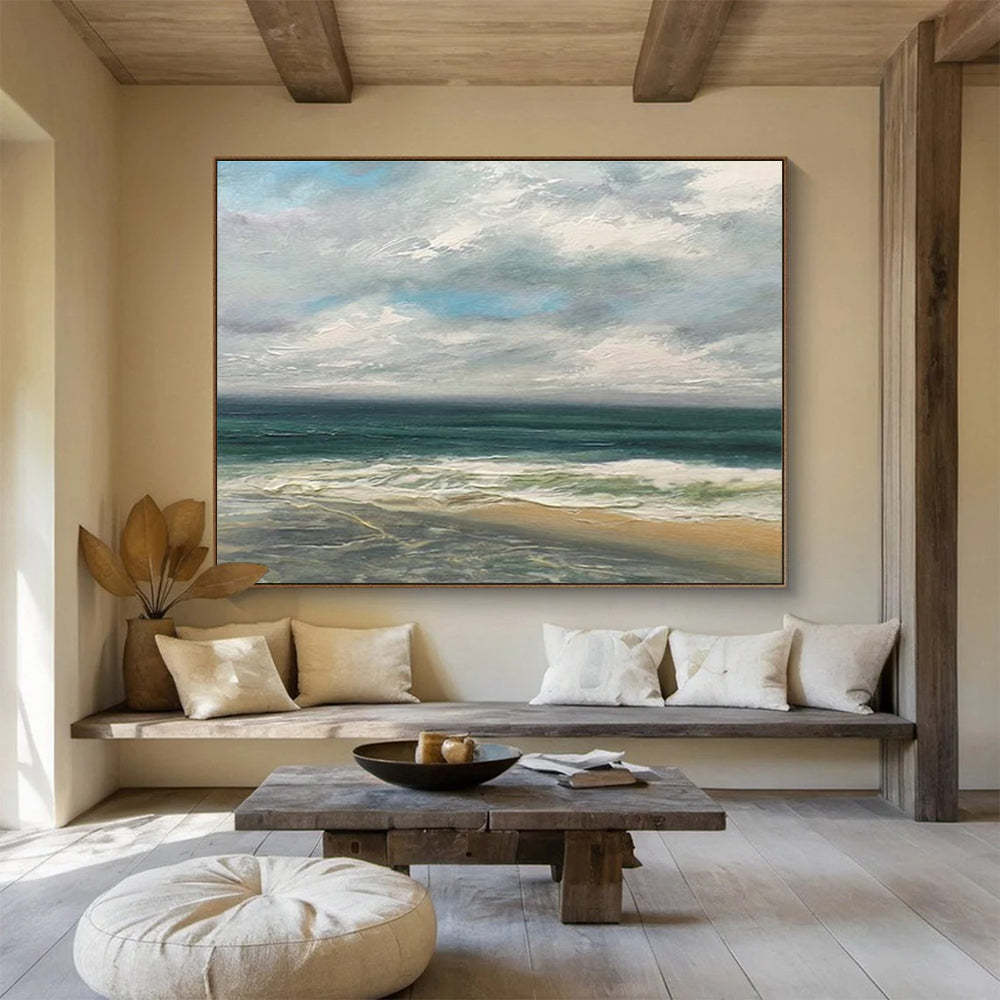 Cloudy Beach Scene Seascape Abstract Painting for Coastal Vibes YHT020
