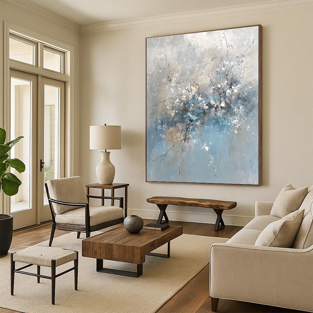 Blue Gray Floral Abstract Painting with Delicate Details WINK653