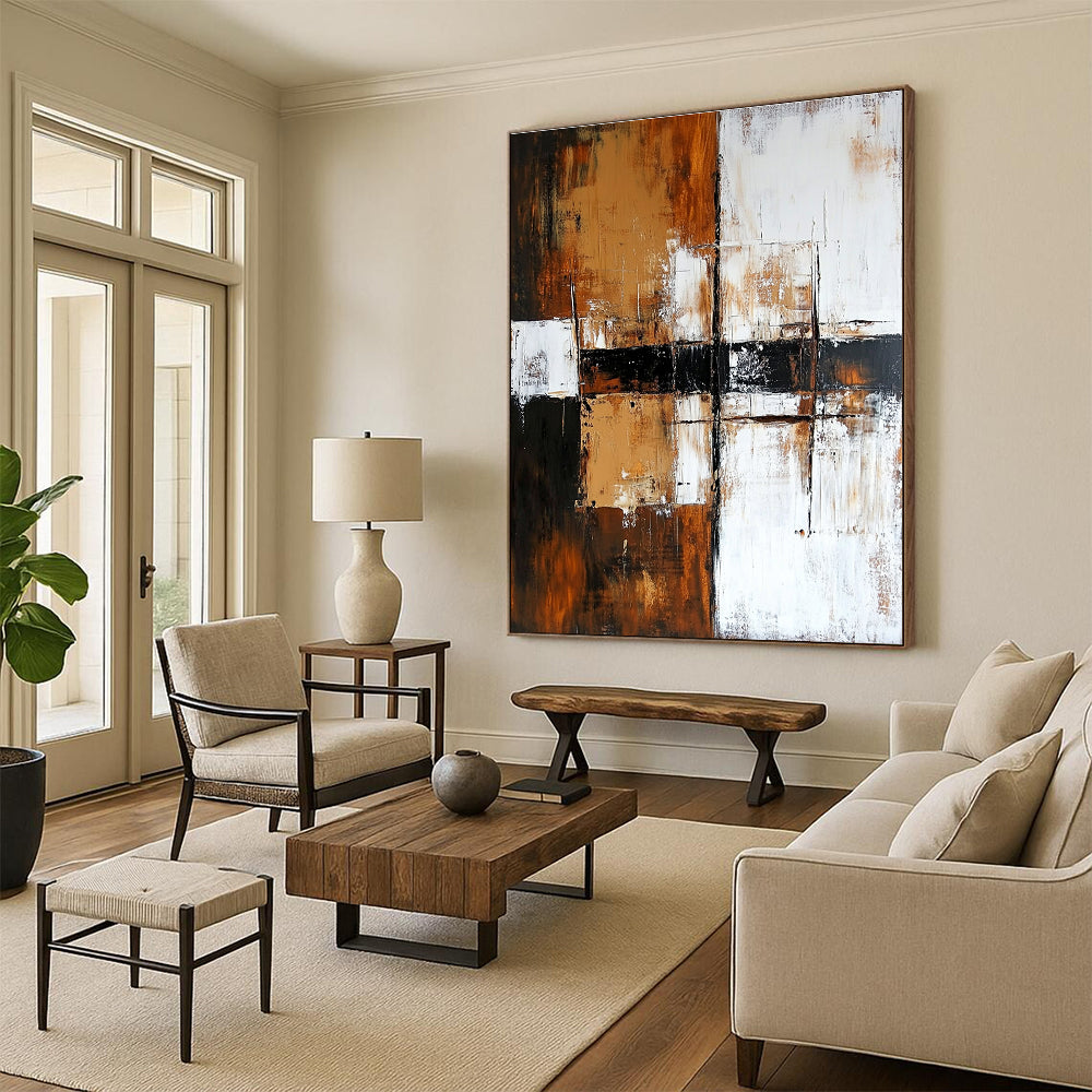 Brown and Black Grid - Patterned Abstract Painting for Industrial - Style Offices GAB0890