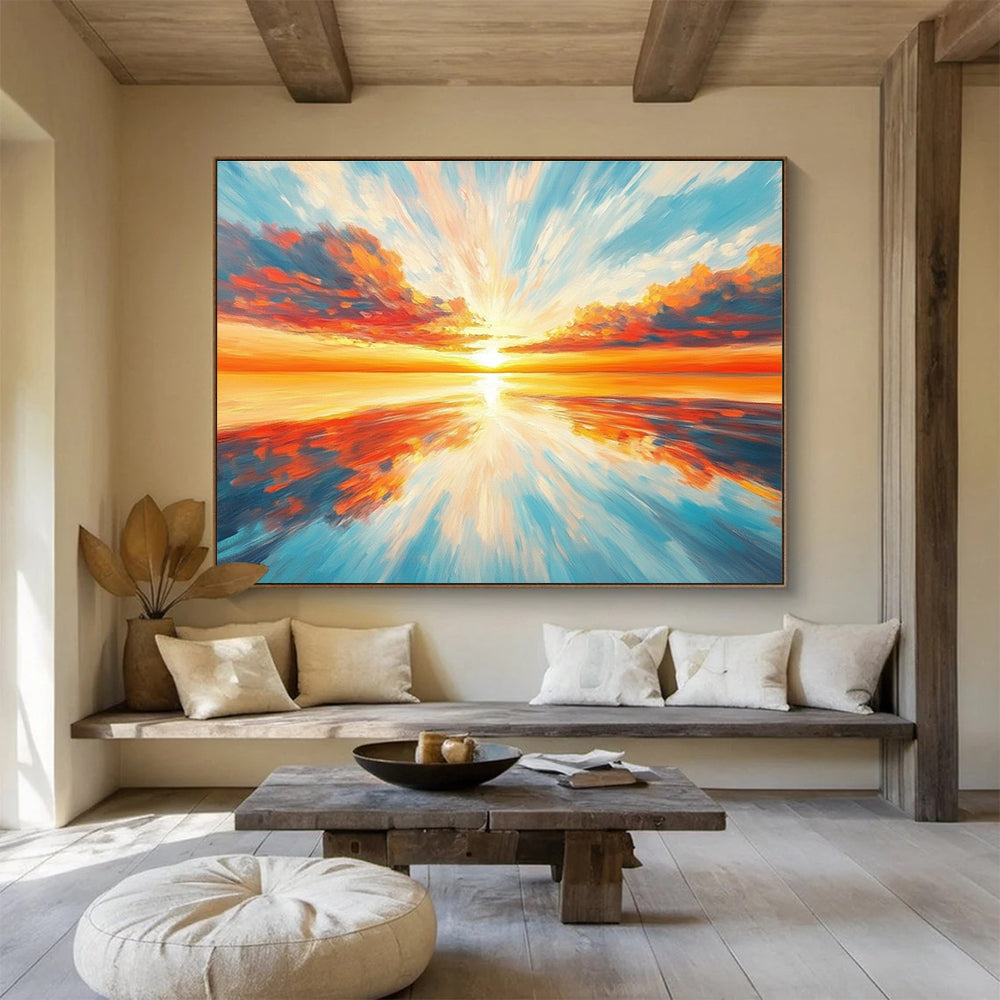 Radiant Sunset Over Ocean Painting with Vivid Colorful Reflections ABS562