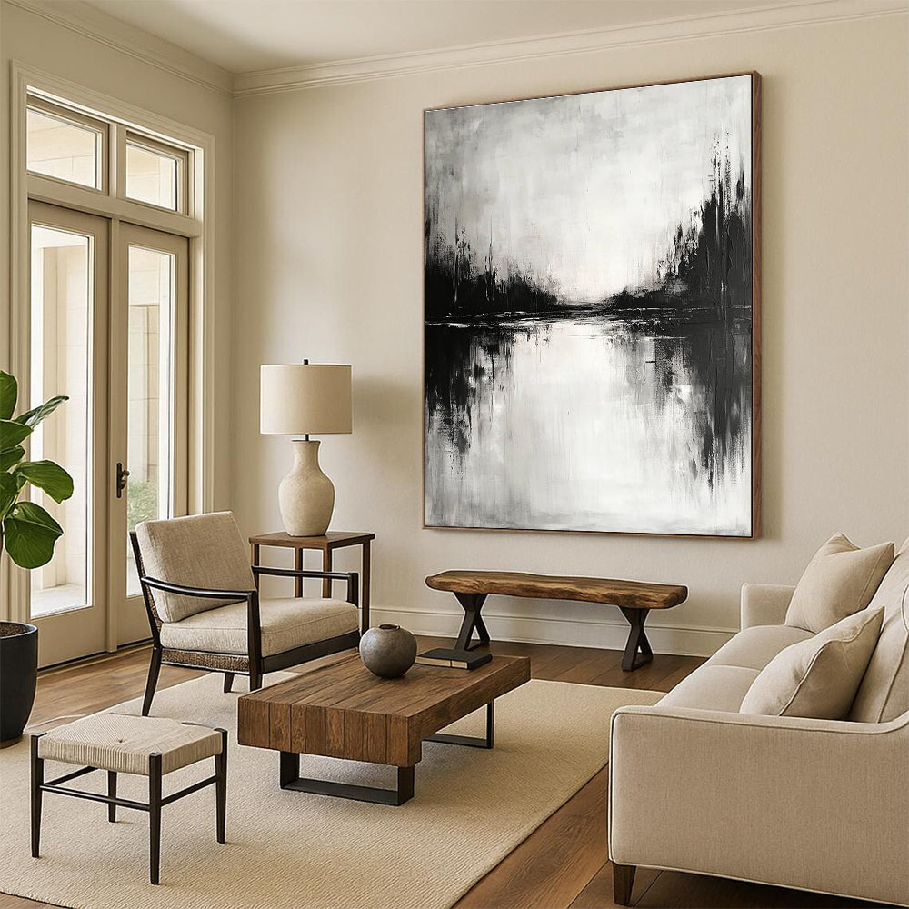 Black and White Lake Landscape - Moody Atmospheric Abstract Painting GAB0450
