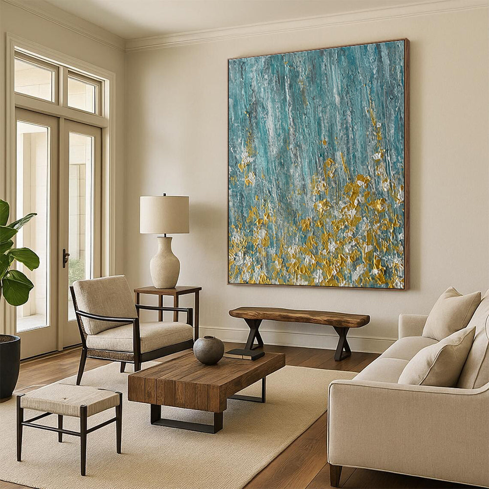 Teal with Gold Flecks Abstract Painting for Luxe Spa Retreats HENG462