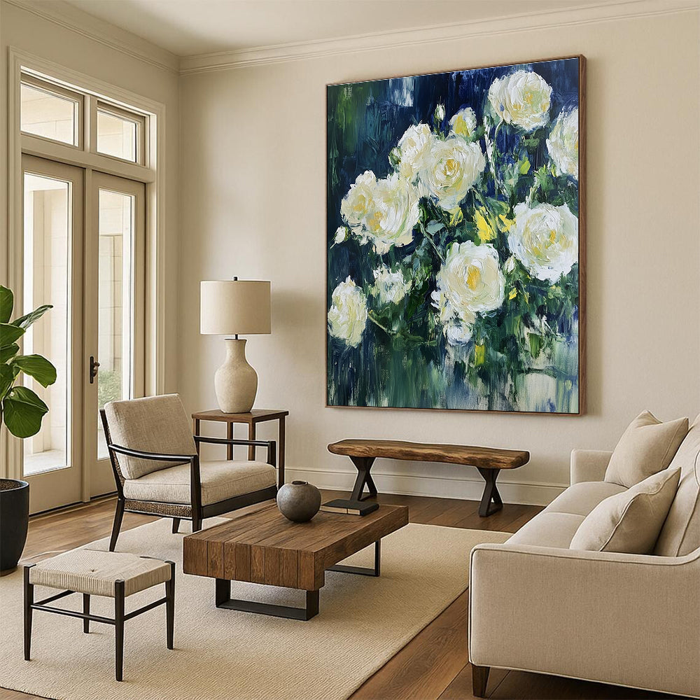 White Roses in Blue Impressionistic Abstract Painting for Romantic Spaces GAB1537