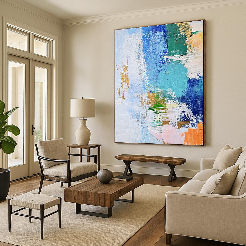 Blue Green Gold Abstract Painting with Dynamic Brushstrokes WINK616