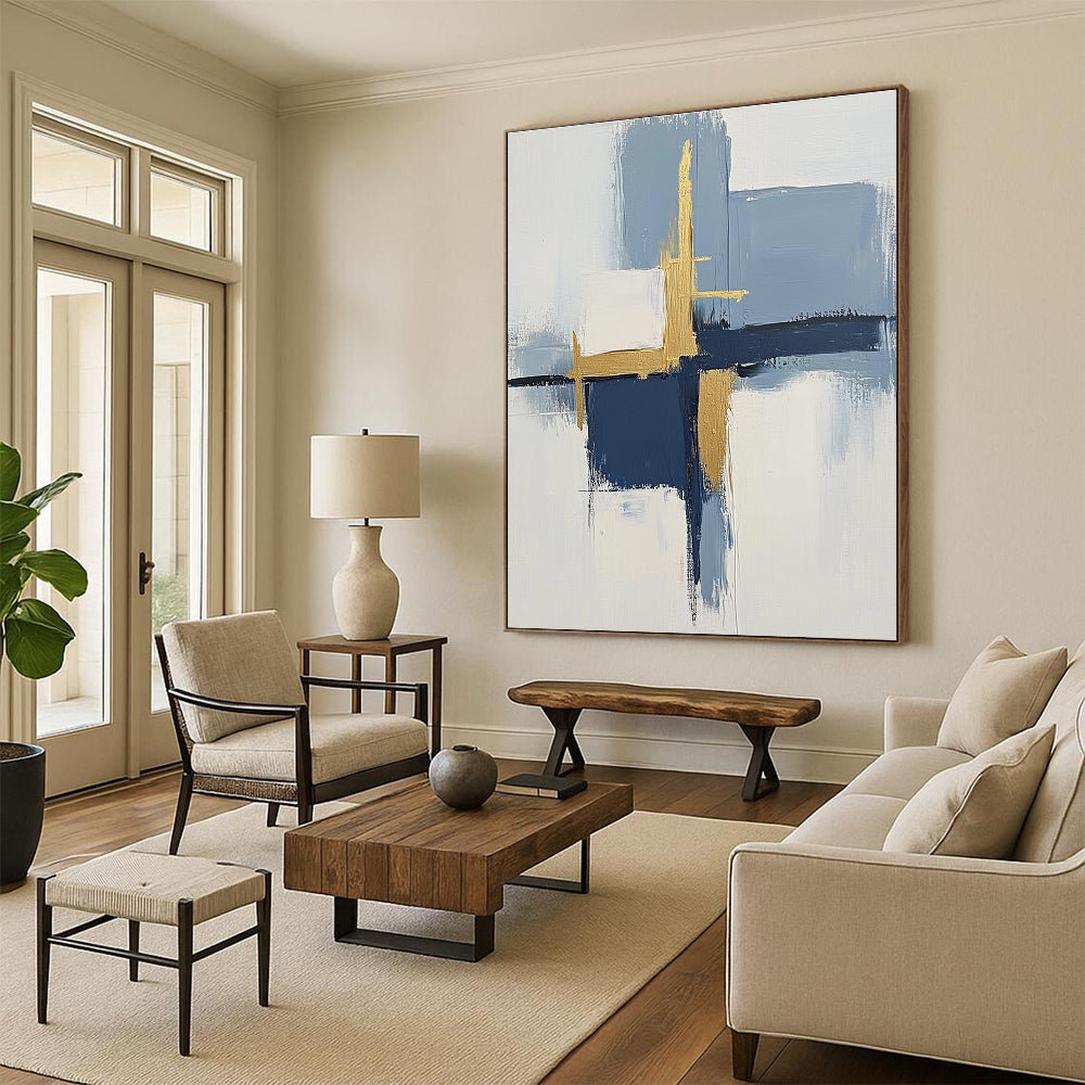 Blue Gold White Abstract Painting with Modern Elegance WINK566