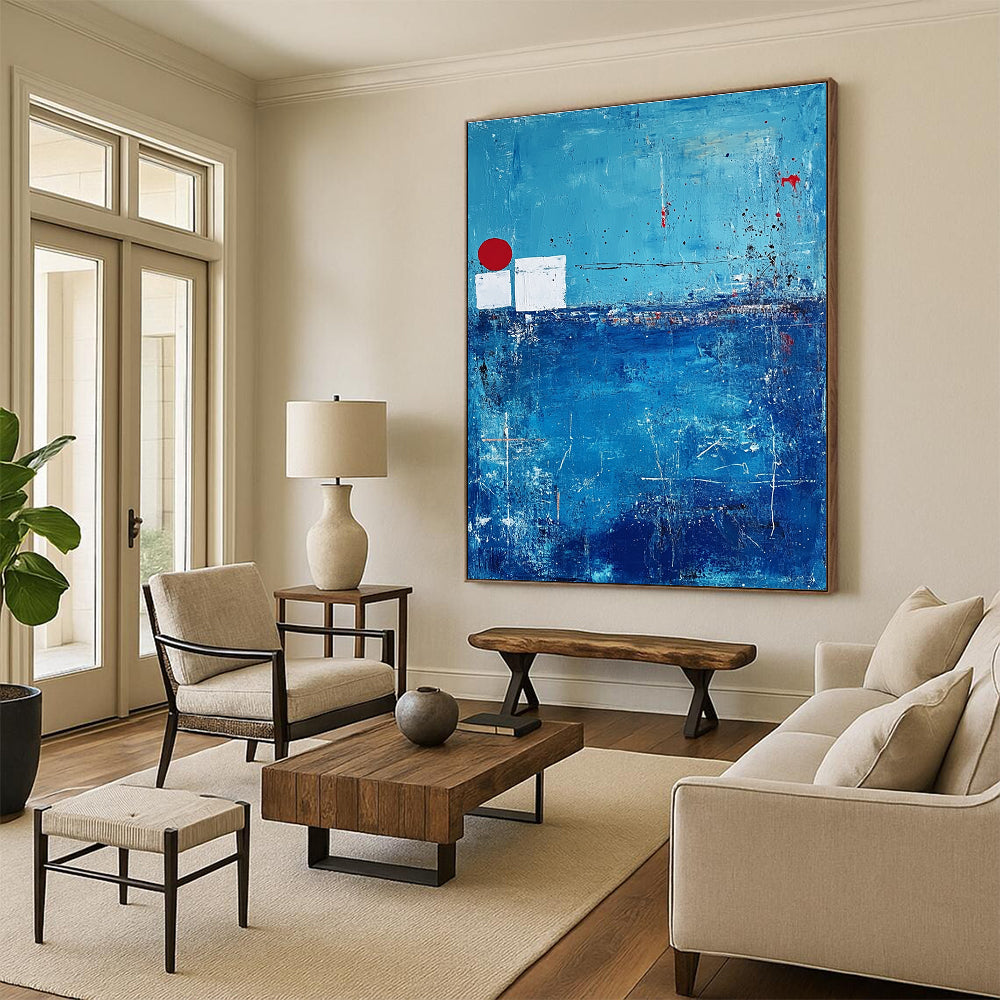 Blue Abstract with Red and White - Minimalist Color Block Abstract Art GAB0475