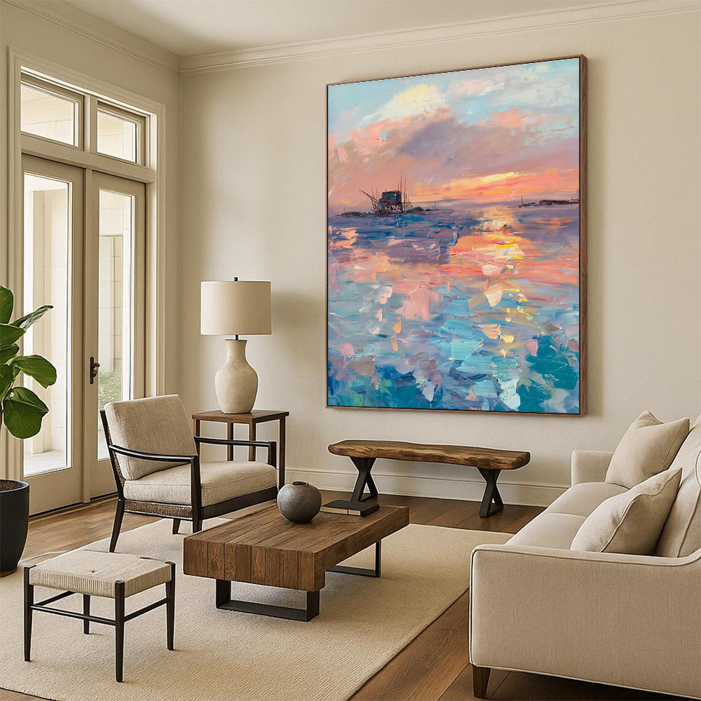 Sunset Over the Sea with Structure Abstract Painting for Nautical - Themed Restaurants HENG531