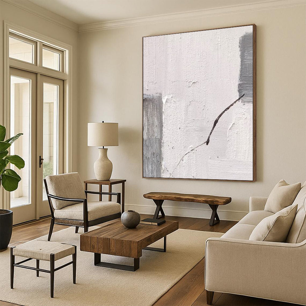White and Gray Textured Fragment with Line Abstract Painting for Modern Art - Filled Hallways HENG363