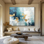 Teal - Gold Abstract Drip Painting for Contemporary Living YHT072