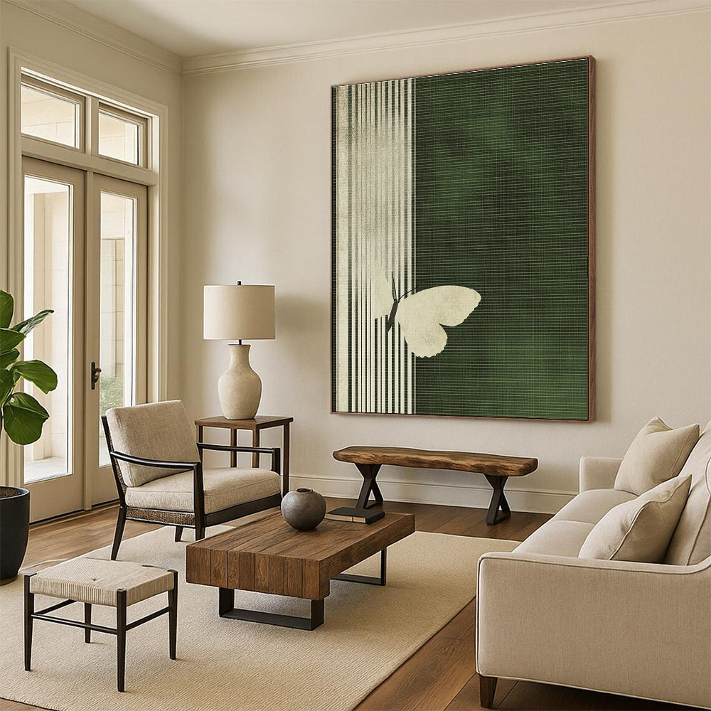 White Butterfly on Green Stripes Abstract Painting of Delicate Contrast GAB0173