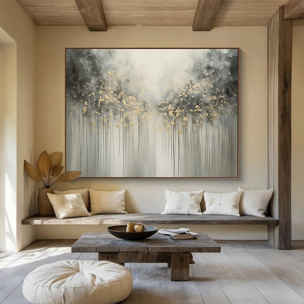 Gray and Gold Dripping Trees Abstract Painting for Elegant Living Rooms YHT320