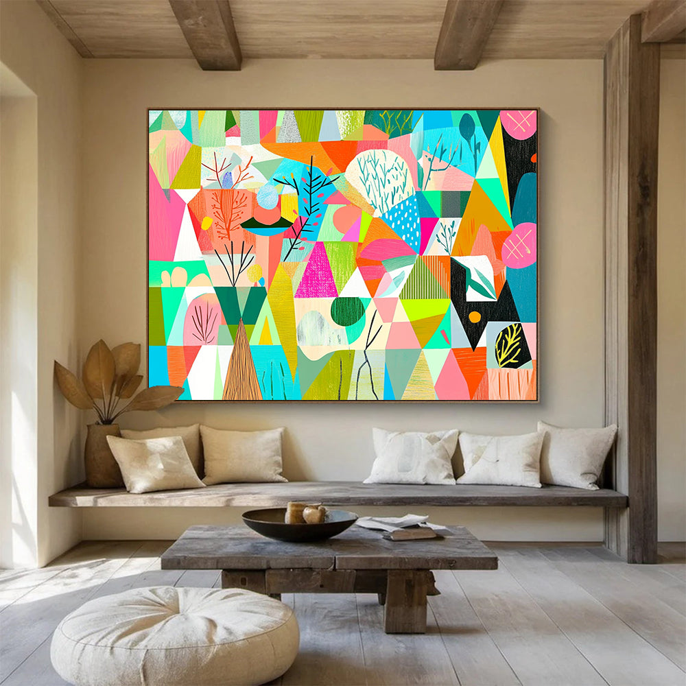 Geometric Nature Collage: Whimsical Landscape Reimagined Abstract Painting ABS154