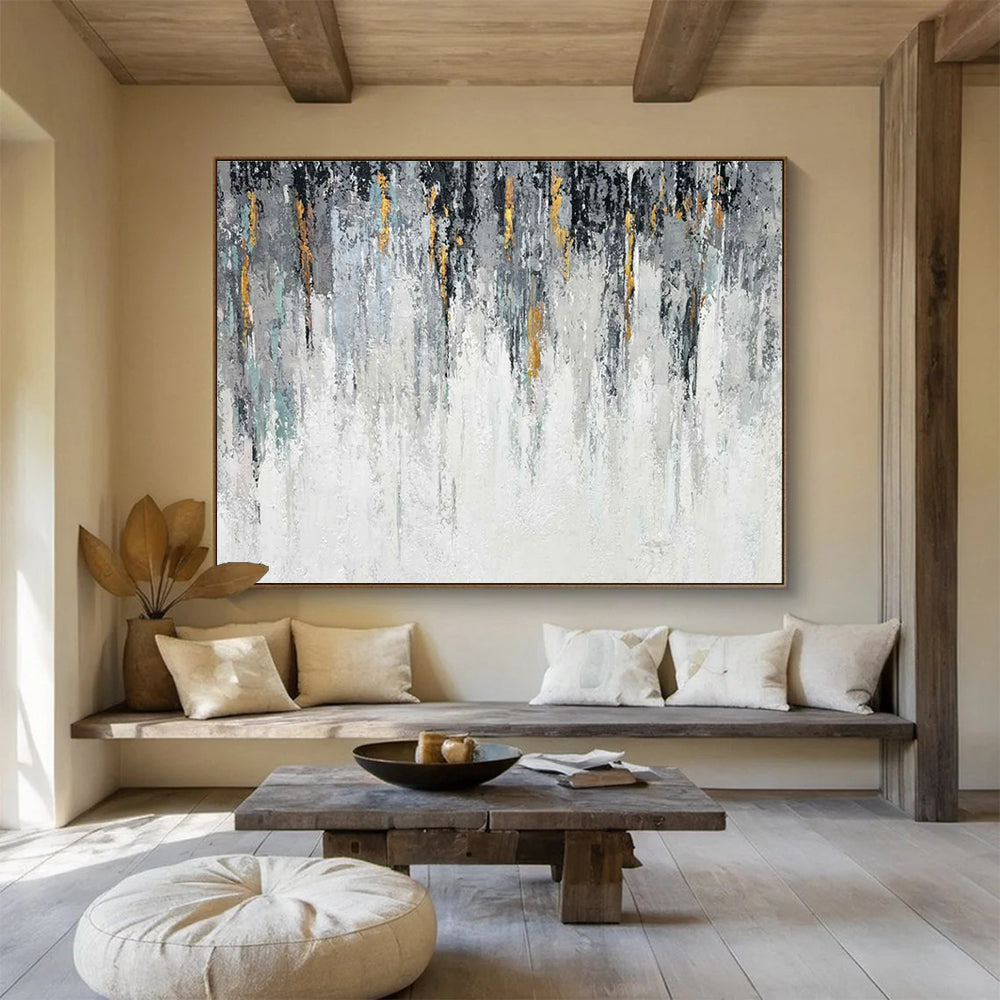 Gray and Gold Drip Abstract Painting for Sophisticated Office Reception Areas YHT277