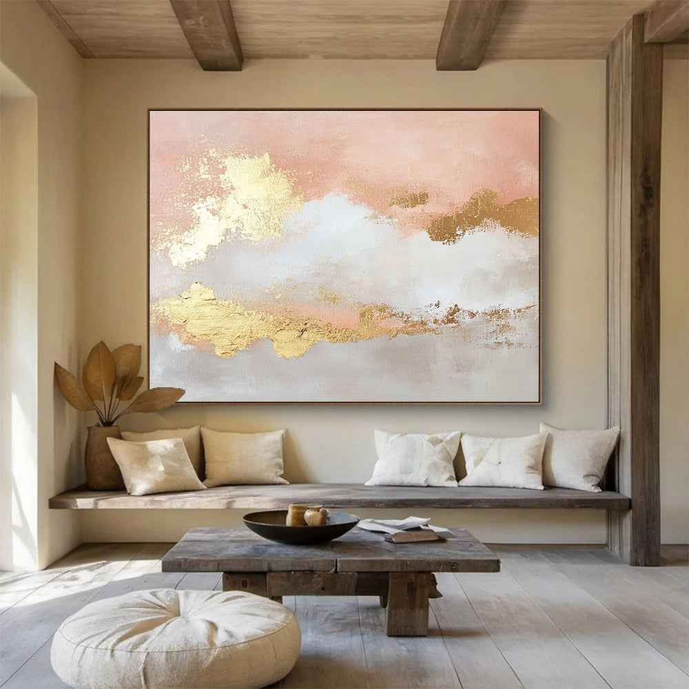 Pink and Gold Abstract Clouds Painting with Dreamy Tones ABS395