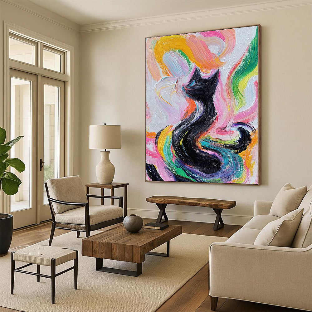 Colorful Swirling Cat Whimsical Feline Abstract Painting GAB0262