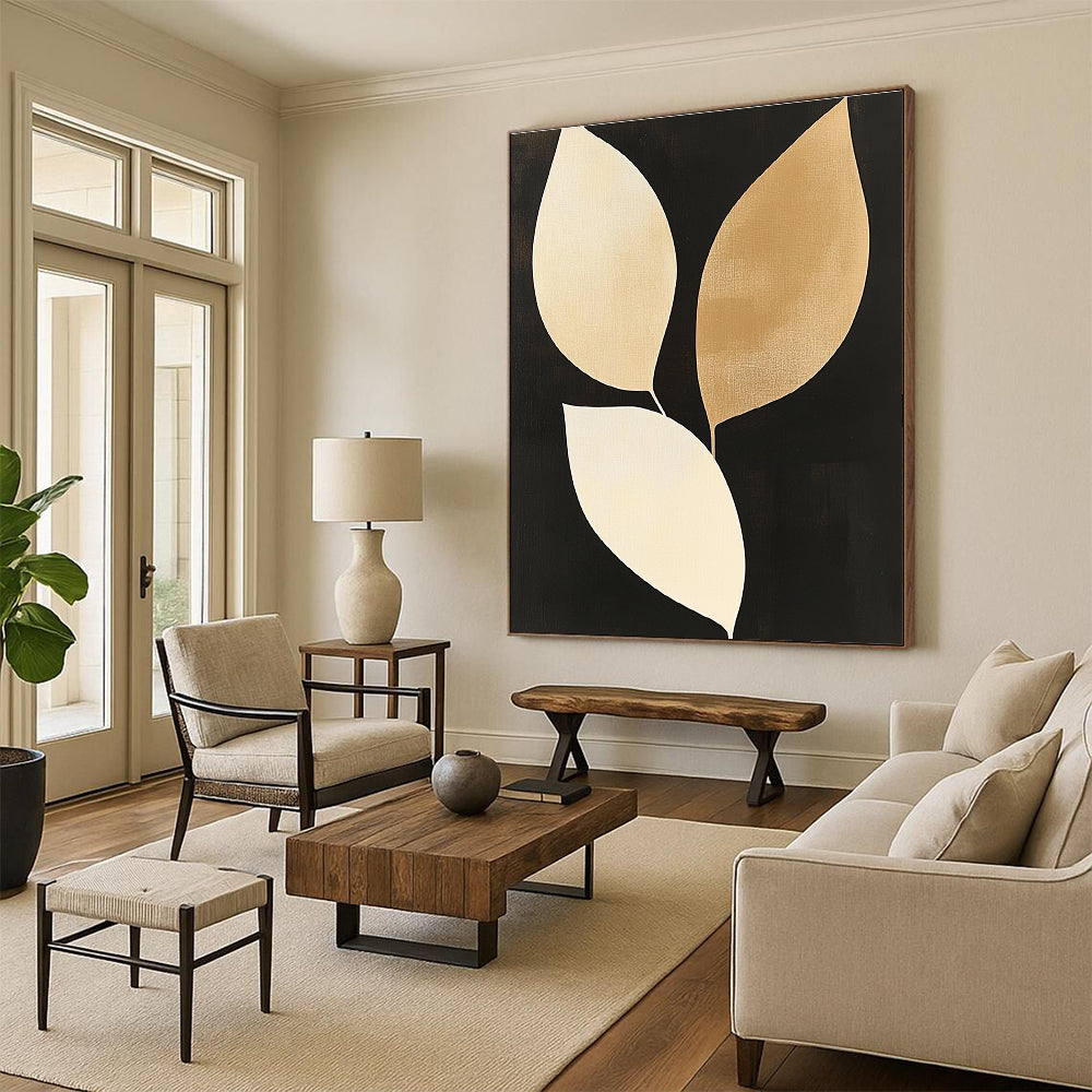 Gold and Beige Leaves Sophisticated Botanical Abstract Painting GAB0295