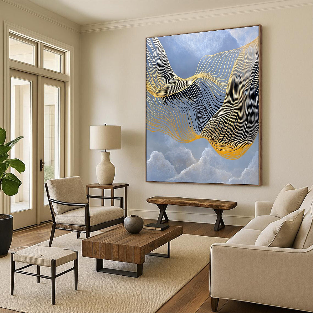 Golden Wavy Lines Abstract Painting for Luxury Hotel Lobbies GAB1321