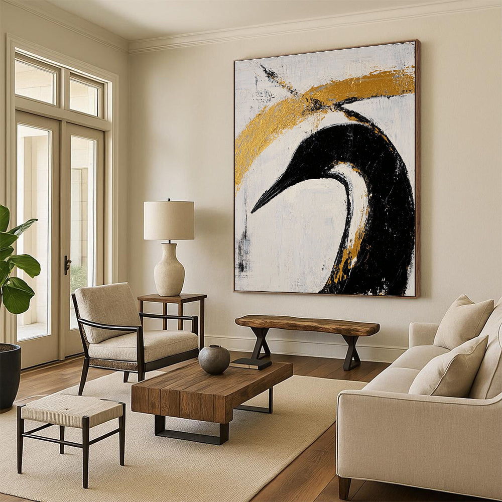 Black Bird with Gold Highlights - Edgy Figurative Abstract Art GAB0437