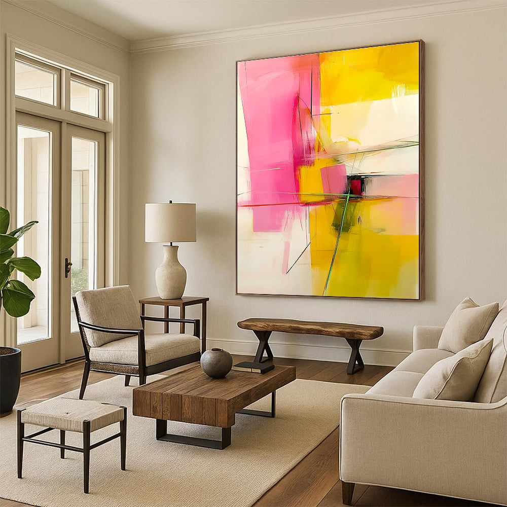 Pink and Yellow Abstract Painting for Cheerful Bedrooms GAB0844