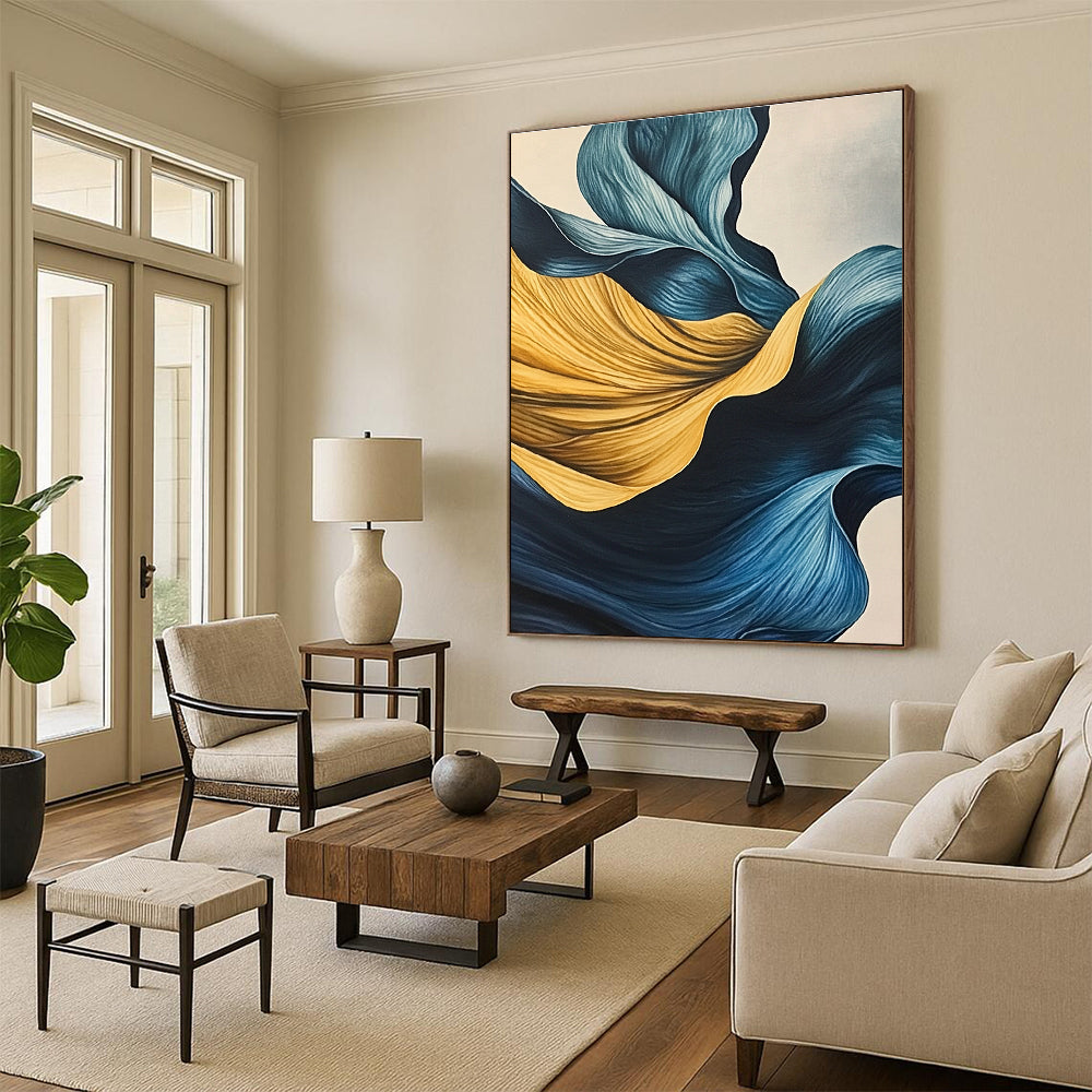 Blue and Yellow Flowing Shapes Abstract Painting with Graceful Movement WINK049