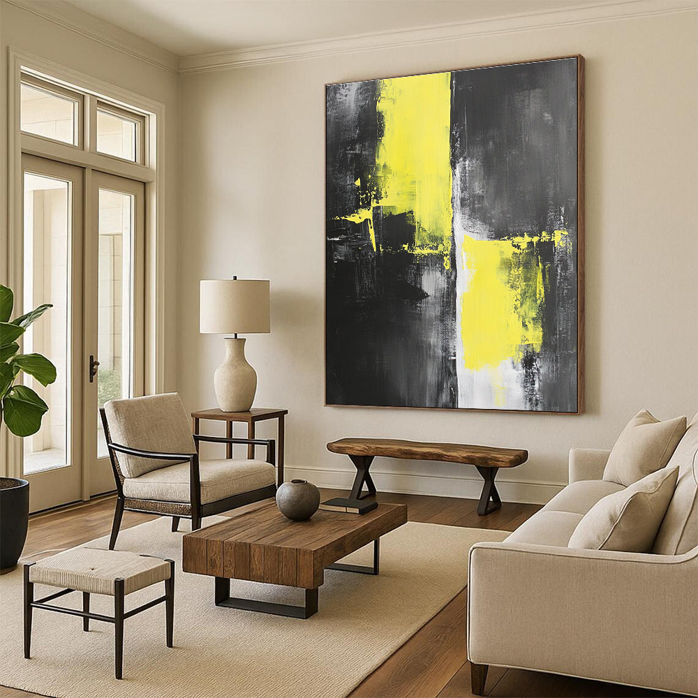 Yellow Black Gray Abstract Painting with High - Contrast Energy WINK505