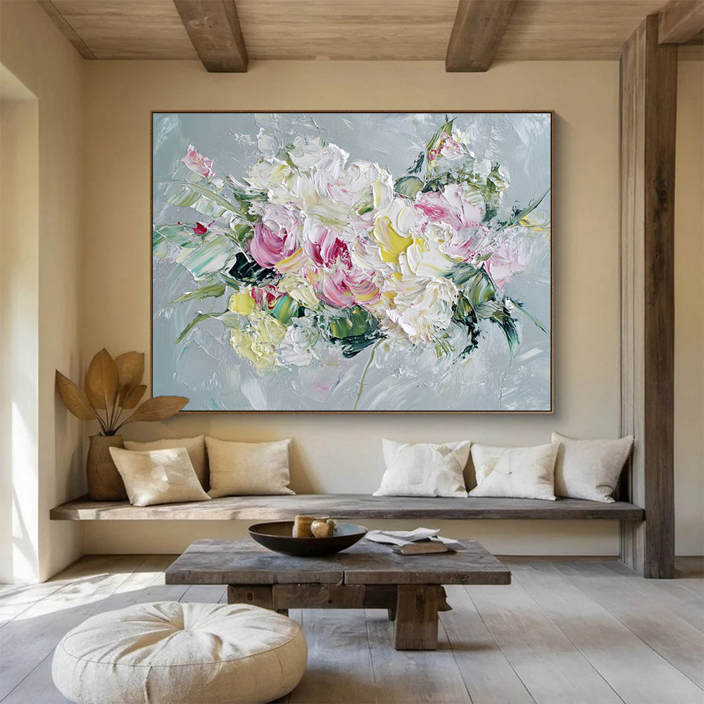 White and Pink Flower Bouquet Abstract Painting with Impasto ABS284