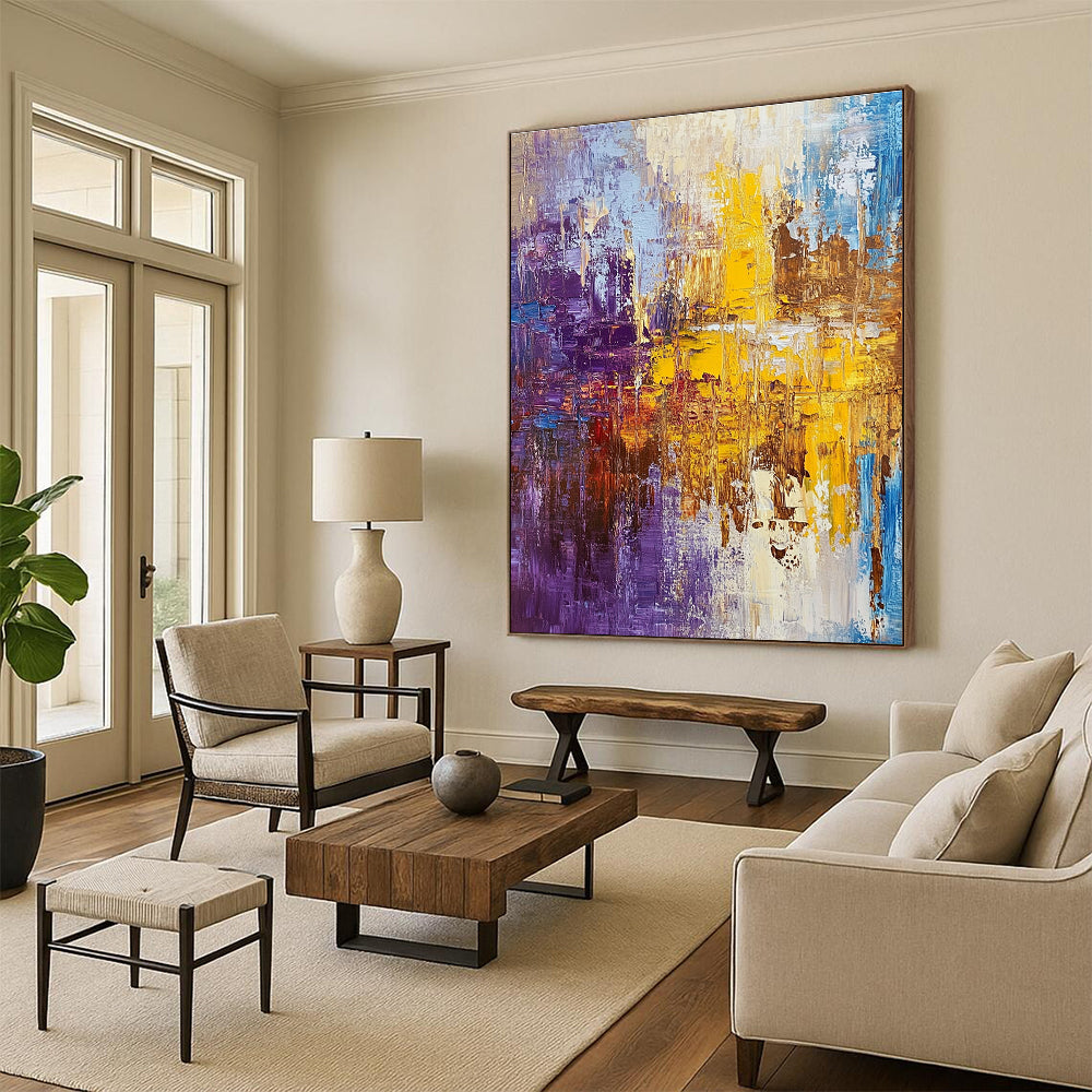 Purple Yellow Blue Abstract Painting with Vibrant Contrast WINK481