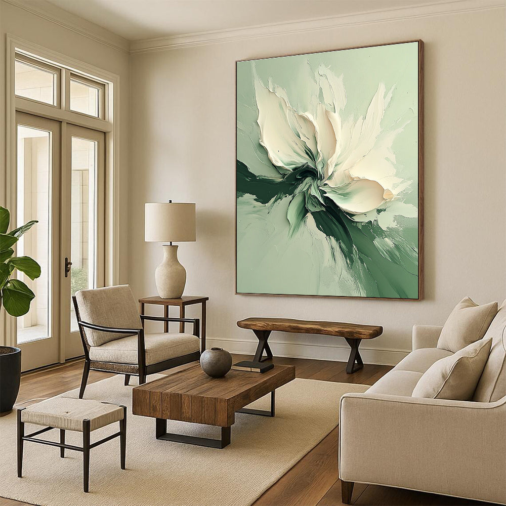 Green White Flower Abstract Painting with Textured Floral WINK569