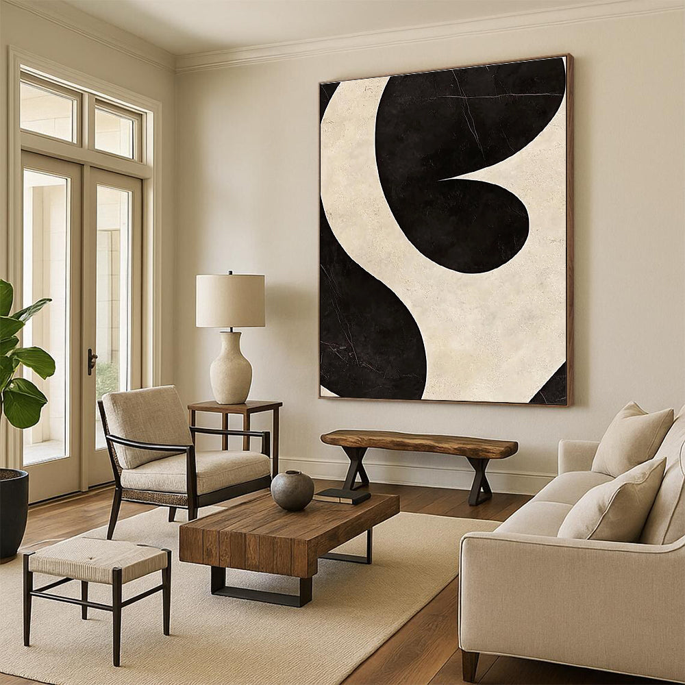 Black and White Curved Abstract Painting with Dynamic Contrast WINK065