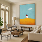 Lighthouse on Yellow Field Abstract Painting of Serene Isolation GAB0180