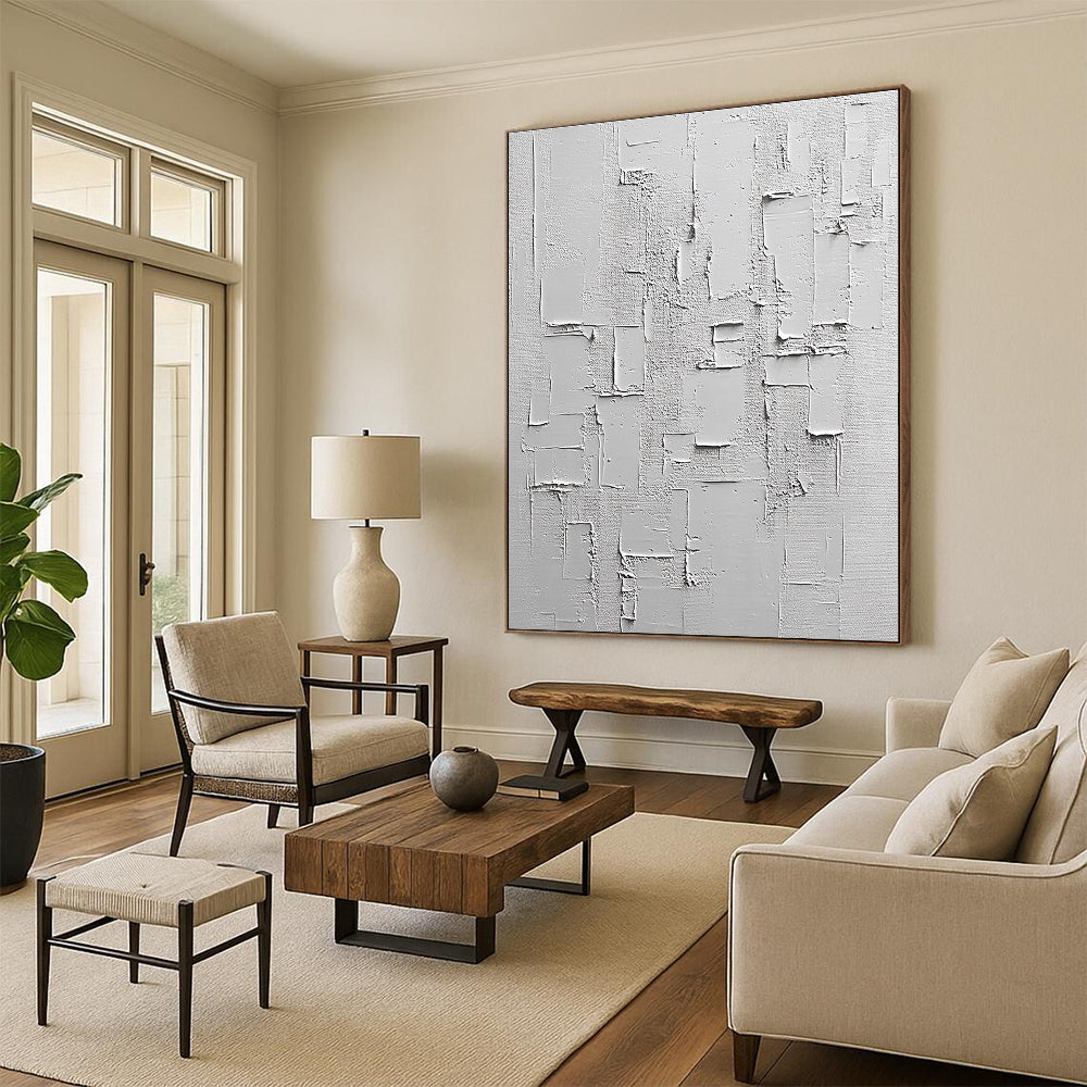 White Textured Rectangular Assemblage Painting with Minimalist Depth WINK063